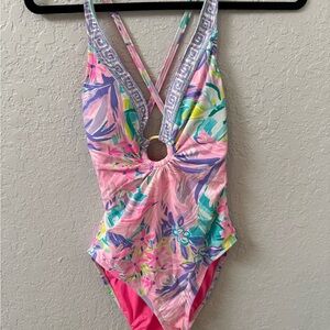 Lilly Pulitzer Pink and Blue One Piece Swimsuit with Tropical Print